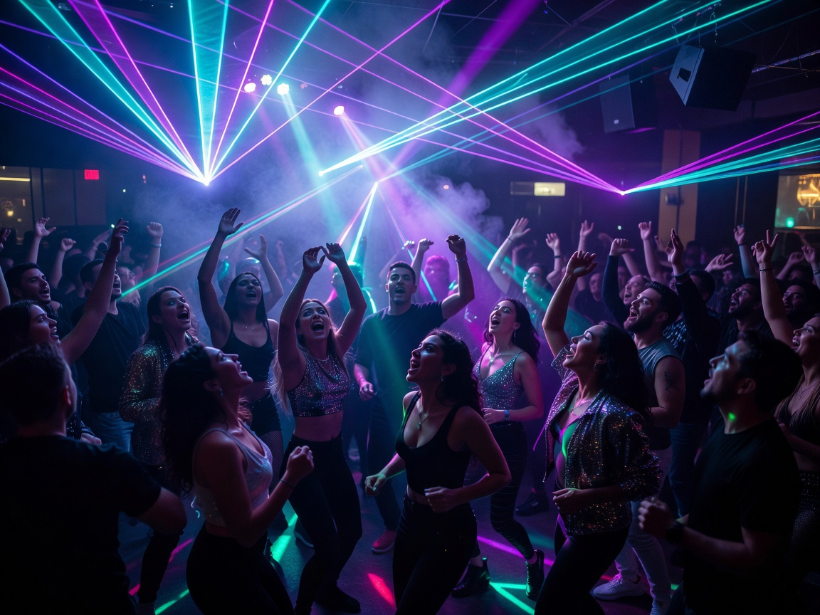 Nightclub Crowd Under Neon Laser Lights