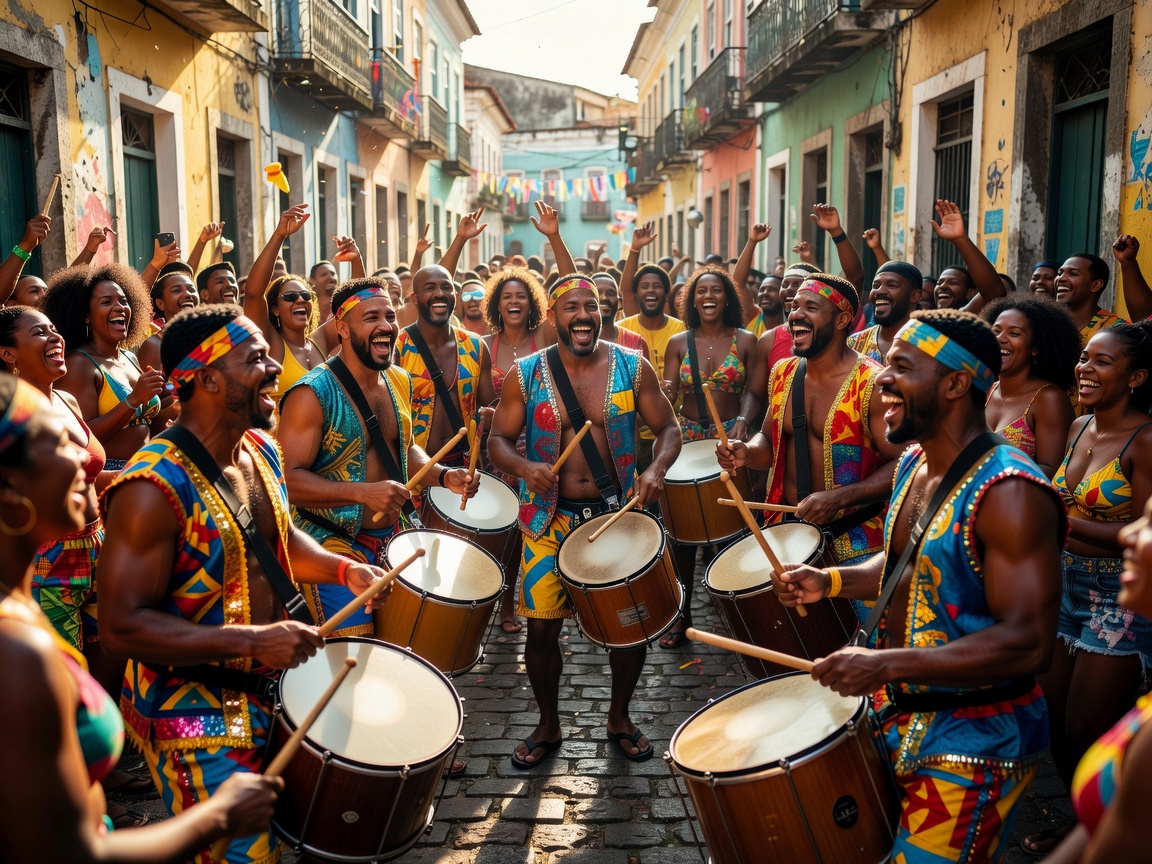 Samba Drummers Performing Live in Street Party